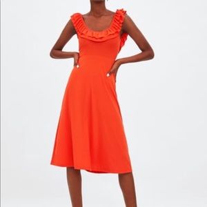 Zara- Orange Midi Dress with Ruffle Neckline